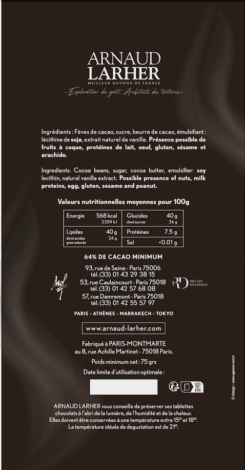 Tablette chocolat noir fumé Madagascar 64% Maison Arnaud Larher